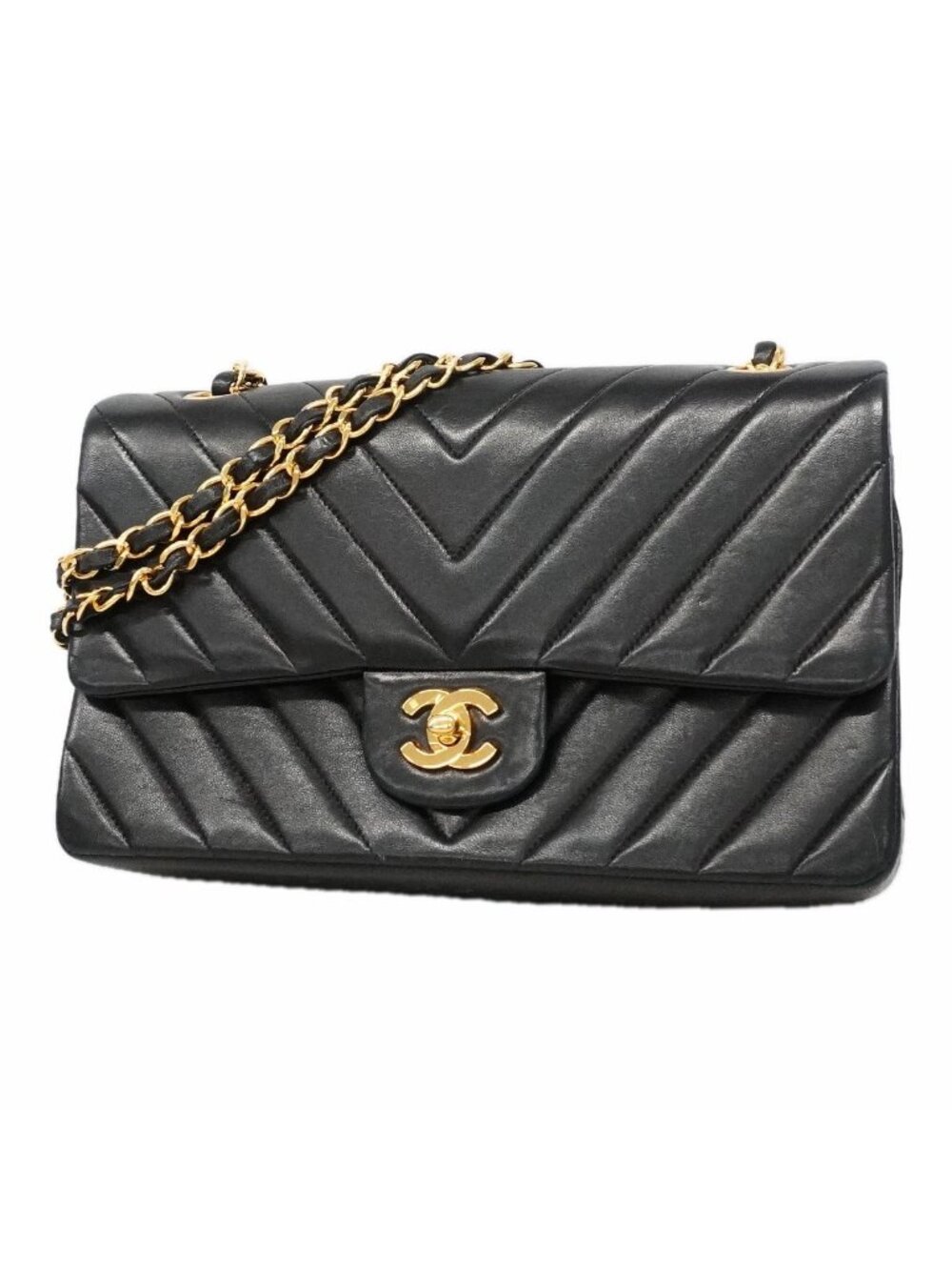 Chanel Shoulder Bag V-stitch Lambskin Black Gold